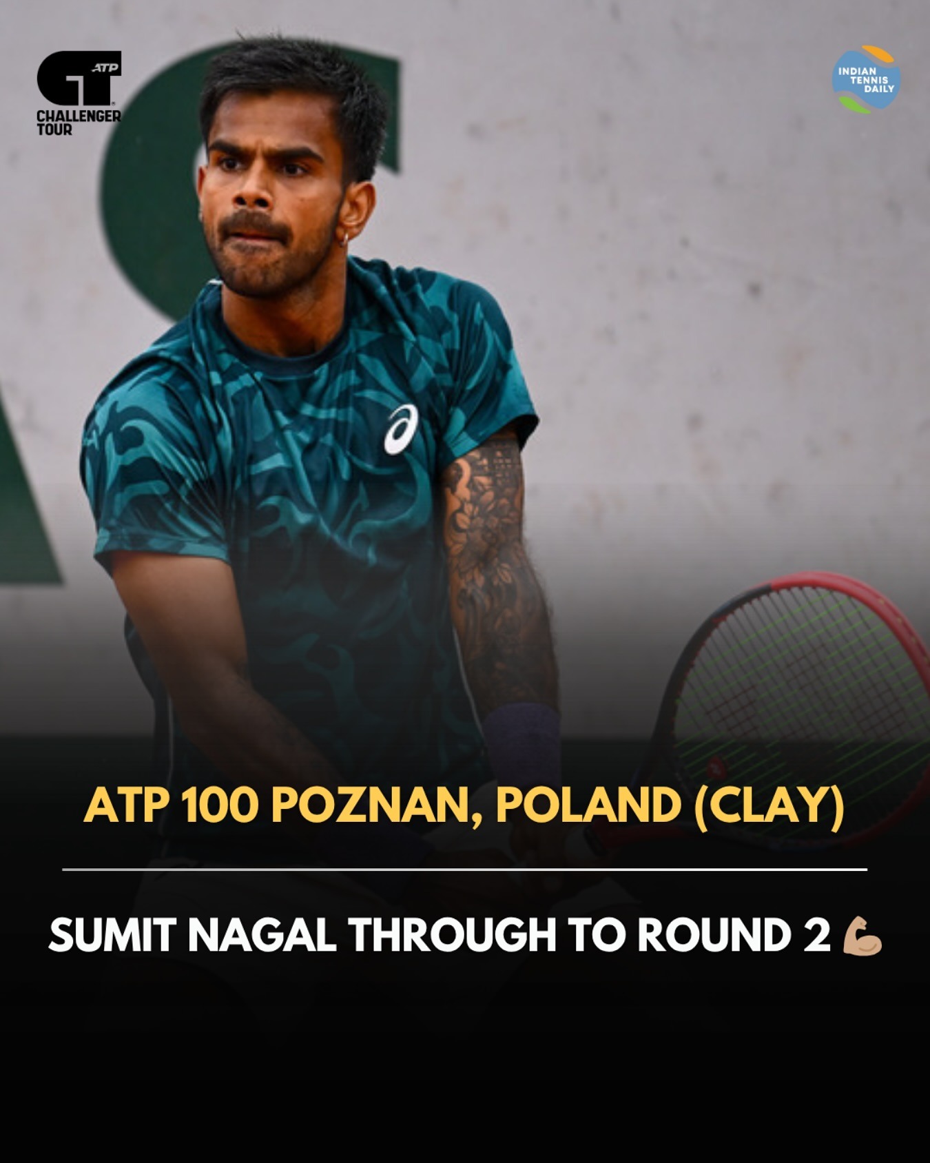 sumit-nagal-poznan-open-2025-round1-win Sumit Nagal of nensel tennis academy during his win over Alan Wazny at ATP 100 Poznan Open 2025
