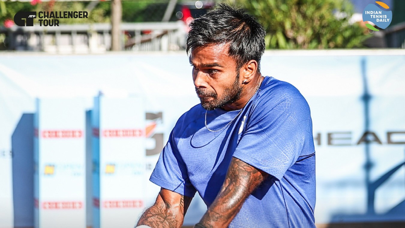 Sumit Nagal during a tennis match at the ATP Challenger Tour 2025