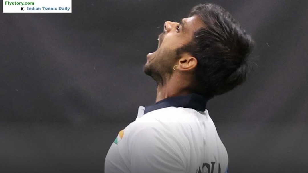 India’s Sumit Nagal after winning the decisive Davis Cup rubber with a 6-1, 6-3 victory