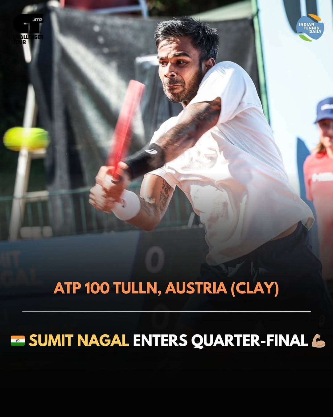 India’s Sumit Nagal competing in the quarter-final of the ATP 100 Tulln Challenger 2025 against Romania’s Filip Cristian Jianu in Austria