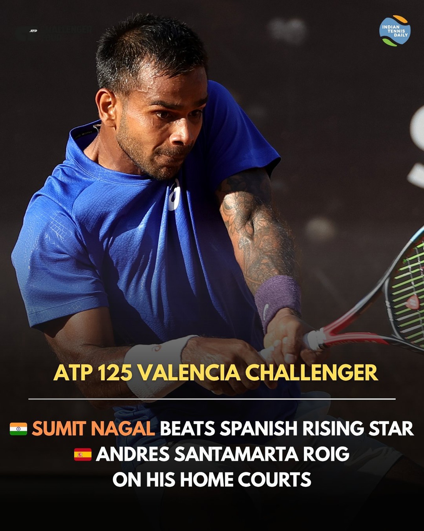 sumit-nagal-atp-125-valencia-qualifying-2025 Sumit Nagal during a tennis match at the ATP 125 Valencia Challenger 2025