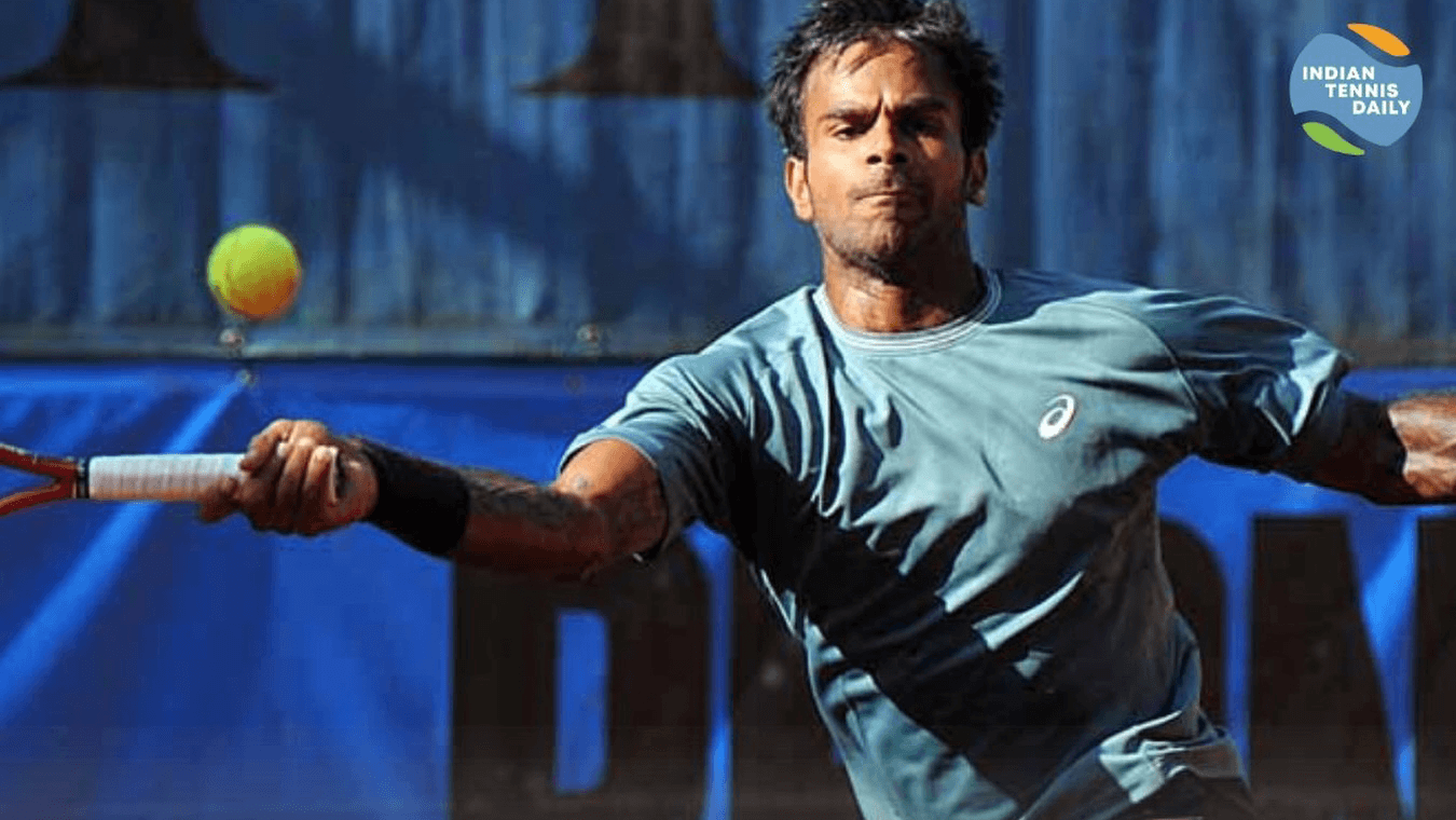 Tennisspieler Sumit Nagal aus Indien beim ATP 75 Challenger in Liberec, Tschechien.