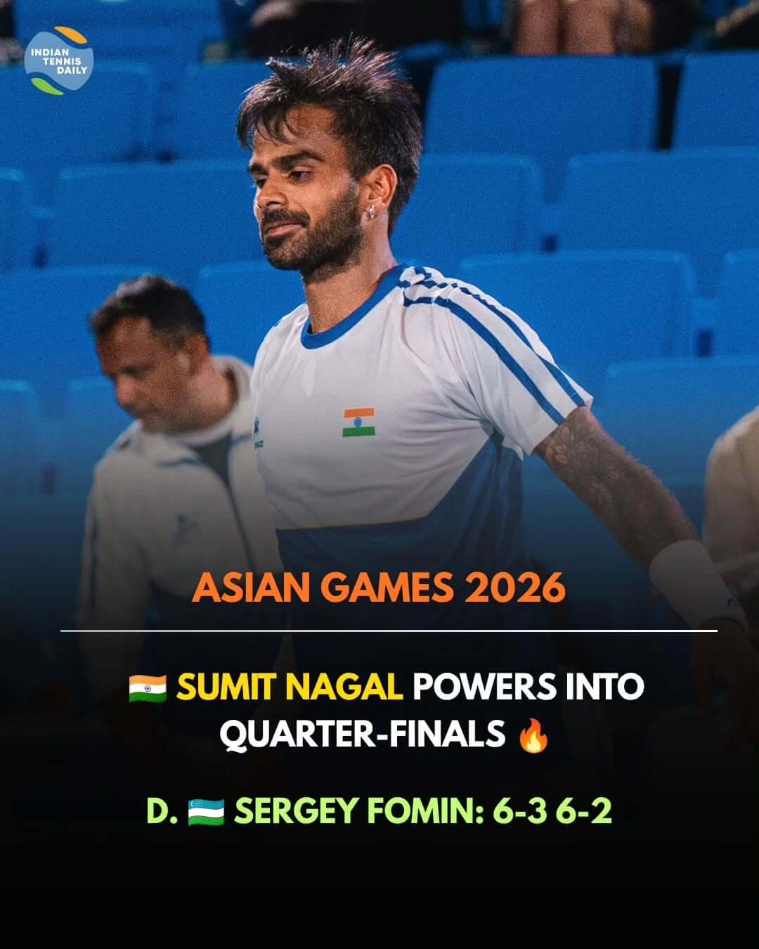 sumit-nagal-india-asian-games-r16-win Tennisspieler Sumit Nagal aus Indien im Match bei den Asian Games.